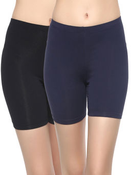 SOIE - Women Mid Rise Breathable Cotton Spandex Knee Length Cycling Shorts (Pack of 2)