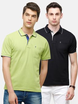 Classic Polo - Men Solid Green & Black Cotton Blend Regular Fit Polo T-Shirts (Pack of 2)