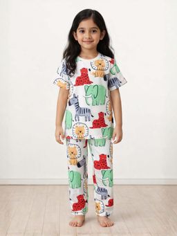ANTHRILO - Girls White Printed T-Shirt & Pyjama
