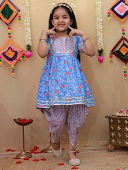BownBee - Girls Blue Floral Kurta & Dhoti