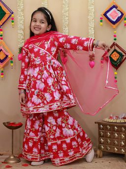 BownBee - Girls Red Printed Kurta With Palazzo & Dupatta