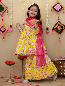BownBee - Girls Yellow Printed Kurta With Palazzo & Dupatta