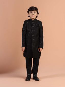 KISAH - Boys Black Embroidered Sherwani & Pyjama