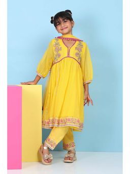 Biba - Girls Yellow Embroidered Anarkali Kurta With Pant & Dupatta