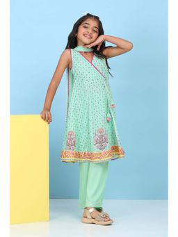 Biba - Girls Green Floral Angrakha Kurta With Pant & Dupatta