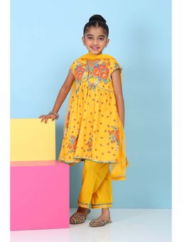 Biba - Girls Yellow Floral Anarkali Kurta With Pant & Dupatta