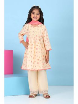 Biba - Girls Peach Floral Kurta With Pant & Dupatta