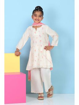 Biba - Girls White Embroidered Kurta With Pant & Dupatta