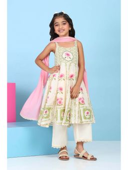Biba - Girls Cream Floral Anarkali Kurta With Pant & Dupatta