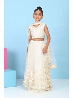 Biba - Girls Cream Embroidered Lehenga With Choli & Dupatta