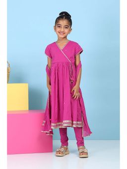 Biba - Girls Pink Embroidered Kurta with Churidar & Dupatta