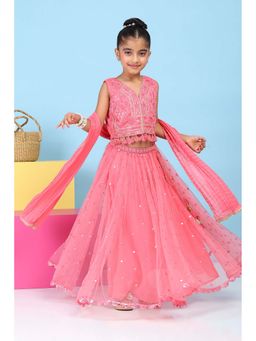 Biba - Girls Pink Embroidered Lehenga With Choli & Dupatta