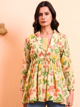 Atha Fashion - Cream Daisy Blooms Jacket Peplum Kurti