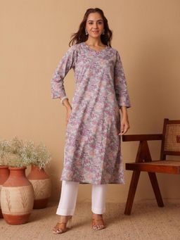 Chowkhat - Purple Hand Embroidered Pure Cotton Long Kurta