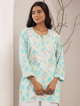 Chowkhat - Blue Handloom Chikankari Mul Cotton Short Kurti