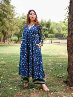 Laado - Mishika Indigo Blue Floral Ajrakh Kurta