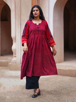 Laado - Mishika Madder Red Hand Smocking Ajrakh Kurta