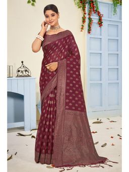 Sangam Prints - Maroon Cotton Woven Zari Work Traditional Tassel Saree with Unstitched Blouse