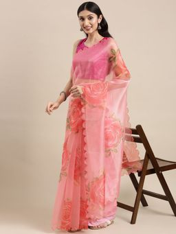Vastranand - Solid Organza Party Wear Saree With Foil Print Flower Butta-Peach with Unstitched Blouse