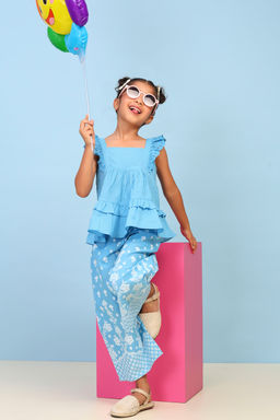 Biba - Blue Printed Cotton Top and Palazzo