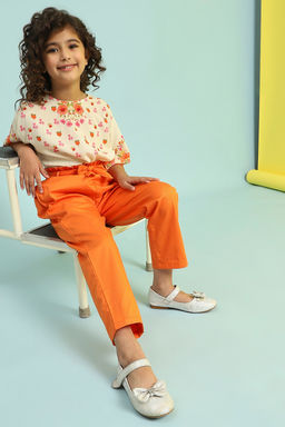 Biba - Orange Solid Cotton Pant with Belt