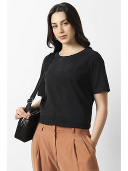 Van Heusen - Women Black Textured Casual Round Neck T-Shirt