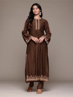 Ritu Kumar - Women's Brown Kyesha Round Neck Kurta with Pant (Set of 2)
