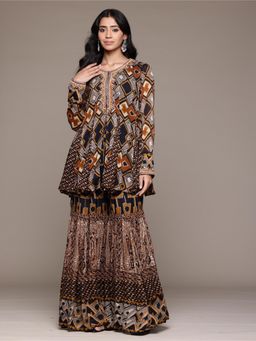 Ritu Kumar - Women's Brown Meraki Border Kurti with Sharara (Set of 2)