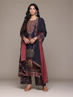 Ritu Kumar - Women's Black Kiraj Embroidered Kurta with Palazzo and Dupatta (Set of 3)