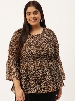 theRebelinme - Womens Beige andCoffee Brown Animal Print Smocked Georgette A-line Top