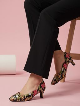 Iconics - Women Black Floral Kitten Pump Heels
