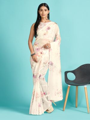 Women's Organza Cream Digital Print Designer Saree With Blouse Piece