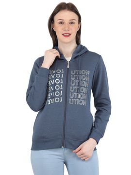 Buy Monte Carlo Women Polyester Blend Blue Typography Hooded Sweatshirt  online