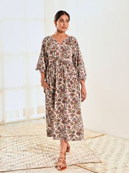 MoonTara - White Cotton Floral Print Maxi Long Dress with Balloon Sleeves (Set of 2)