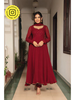 Bhavini Paris - Mirza Maroon Anarkali Kurta with Pant and Dupatta (Set of 3)