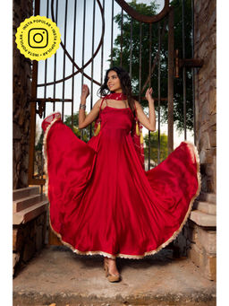 Bhavini Paris - Ruby Georgette Satin Red Anarkali Kurta with Pant and Dupatta (Set of 3)