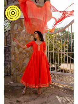 Bhavini Paris - Sana Orange Anarkali Kurta with Pant and Dupatta (Set of 3)