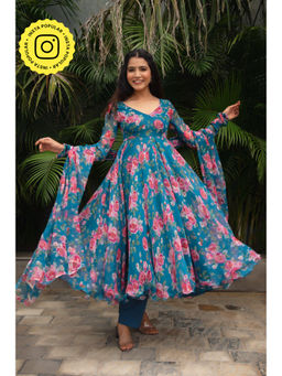 Bhavini Paris - Falguni Chiffon Blue Anarkali Kurta with Pant and Dupatta (Set of 3)