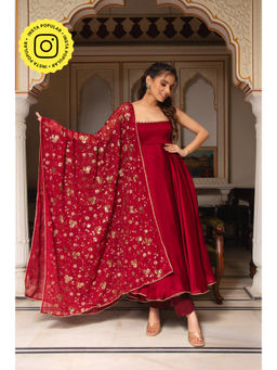 Bhavini Paris - Sajika Red Anarkali Kurta with Pant and Dupatta (Set of 3)