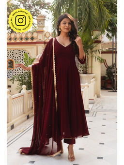 Bhavini Paris - Ujjvala Maroon Anarkali Kurta with Pant and Dupatta (Set of 3)