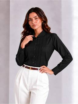 FITHUB - Black Women Regular Fit Textured Formal Shirt