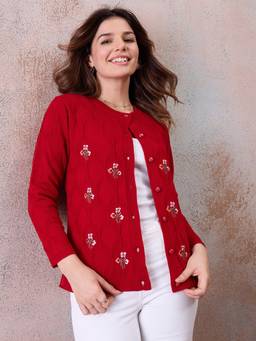 CLAPTON - Women’S Red Floral Embroidered Cable Knit Cardigan