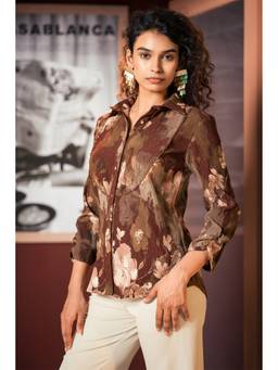 Sheczzar - Brown Floral Textured Pleated Beadwork Shirt