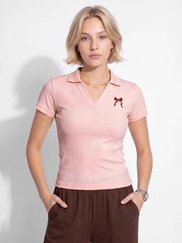 max - Pink Women Embroidered Johnny Collar Polo T-shirt