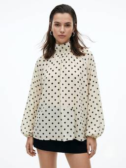 Outzidr - Off White Oversized Polka Dotted Flowy Top