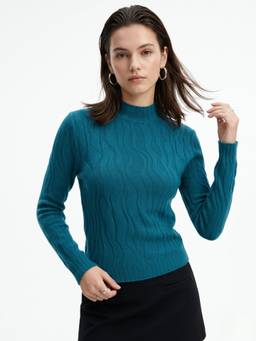 Outzidr - Teal Abstract Textured High Neck Fitted Top