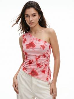 Outzidr - Pink Side Ruched Tie-Up One Shoulder Asymmetric Hem Mesh Top