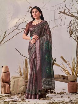 Odette - Brown Linen Cotton Printed Saree With Unstitched Blouse