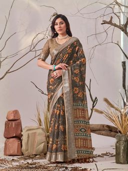 Odette - Olive Linen Cotton Floral Printed Saree With Unstitched Blouse
