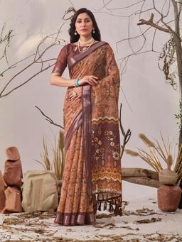 Odette - Light Brown Linen Cotton Floral Print Saree With Unstitched Blouse